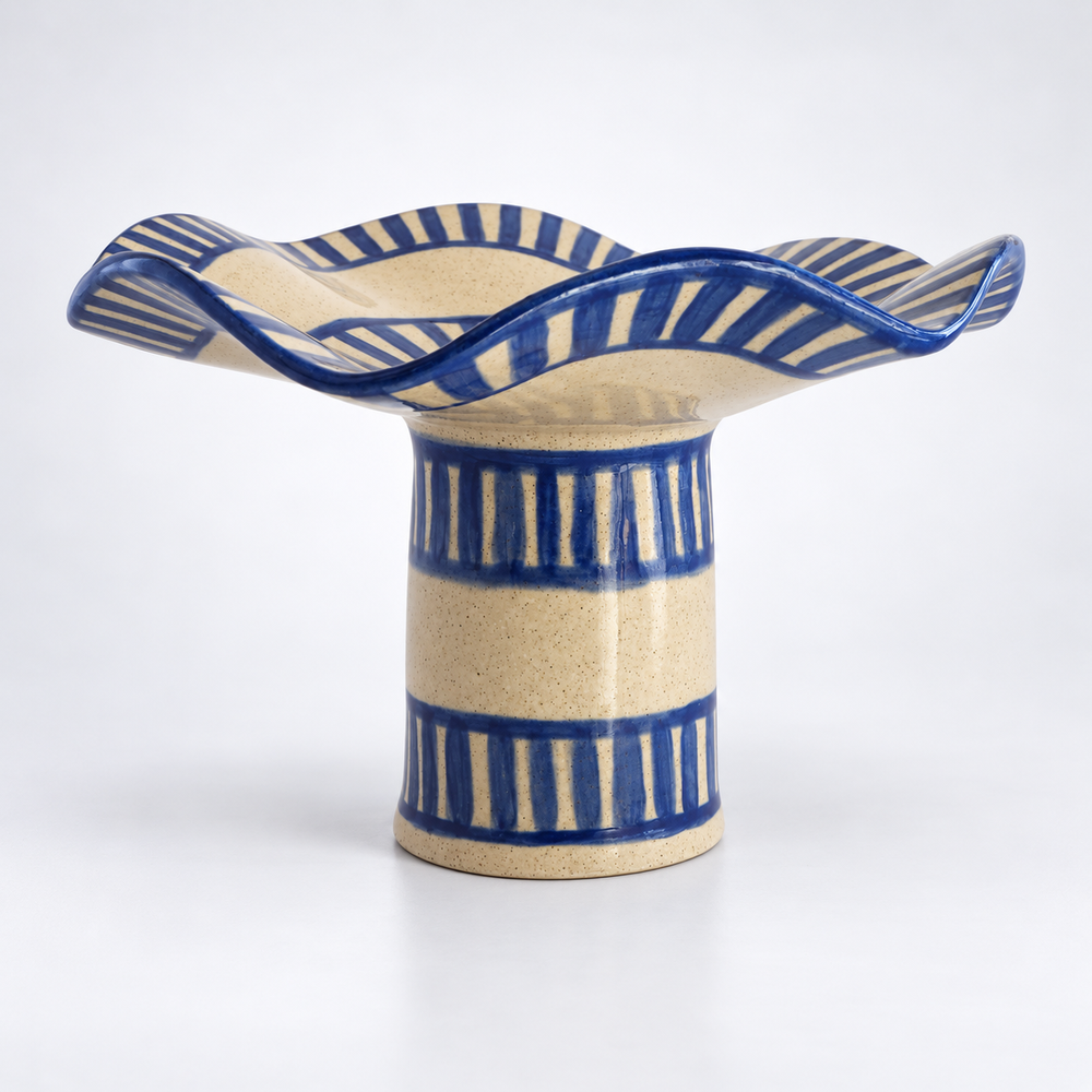 Blue striped ceramic pedestal dish with scalloped edge